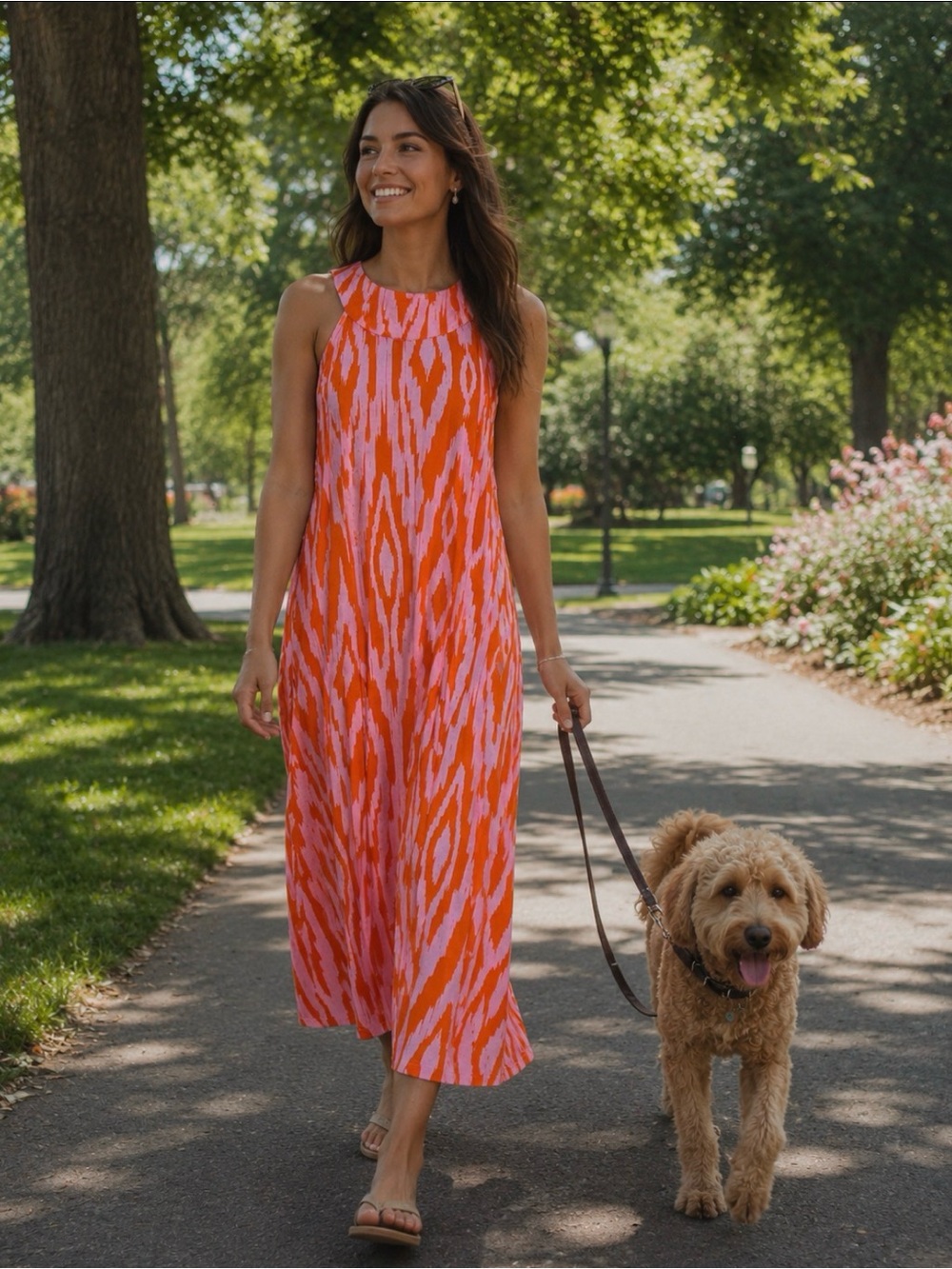Cato Vibrant Stretchy Pockets Pink and Orange Patterned Midi Dress Airy